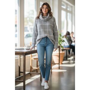 Lumiere Gray Windowpane Cowl Neck Sweater Tunic Soft Knit Cozy Pullover S